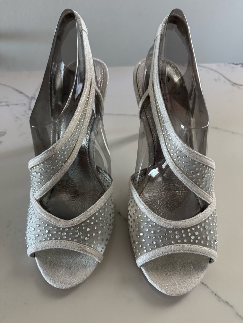 Women's Silver Open-Toe Slingback Heels with Crystal Accents Size 7